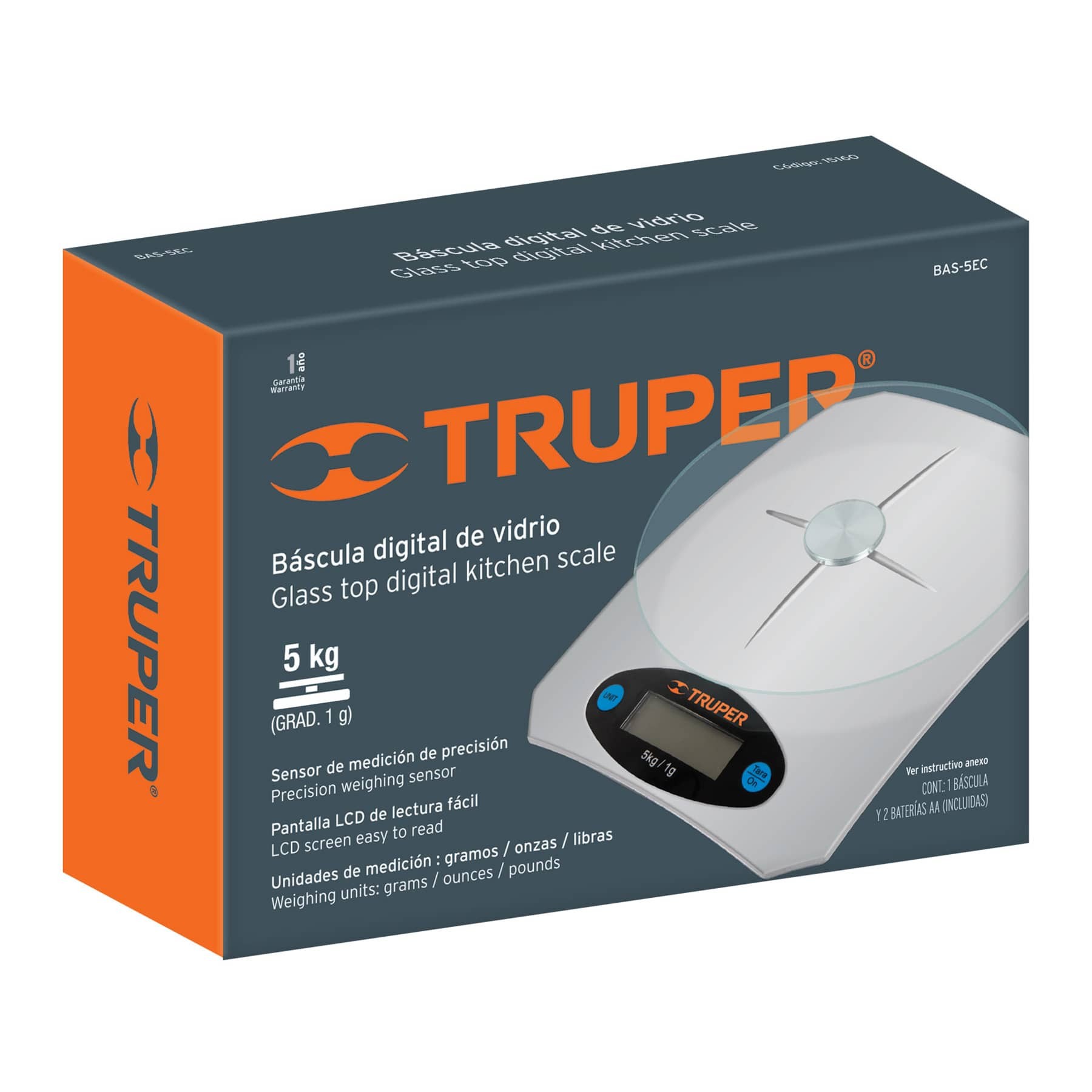 Báscula digital base de vidrio para cocina capacidad 5kg
