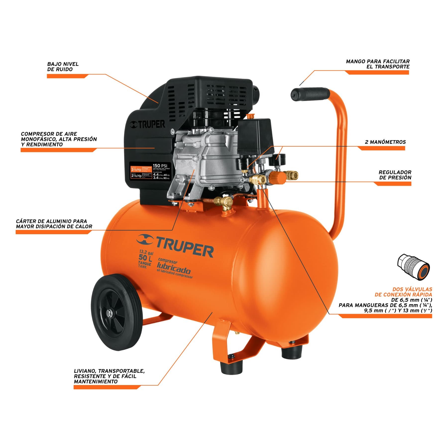 Compresor lubricado horizontal 50 L 3-1/2 HP (potencia m?xima) 127 V