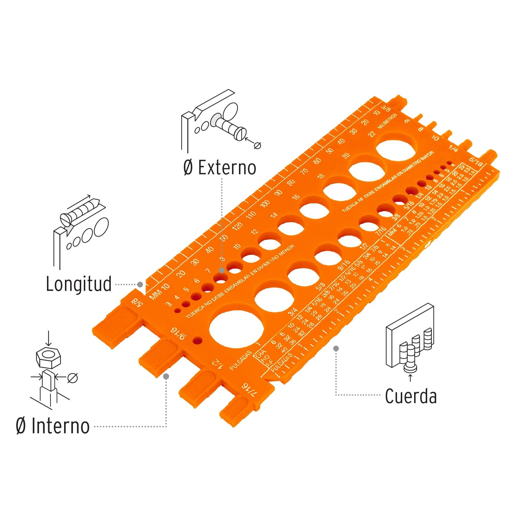 Regleta calibradora de tuercas y tornillos 22 cm