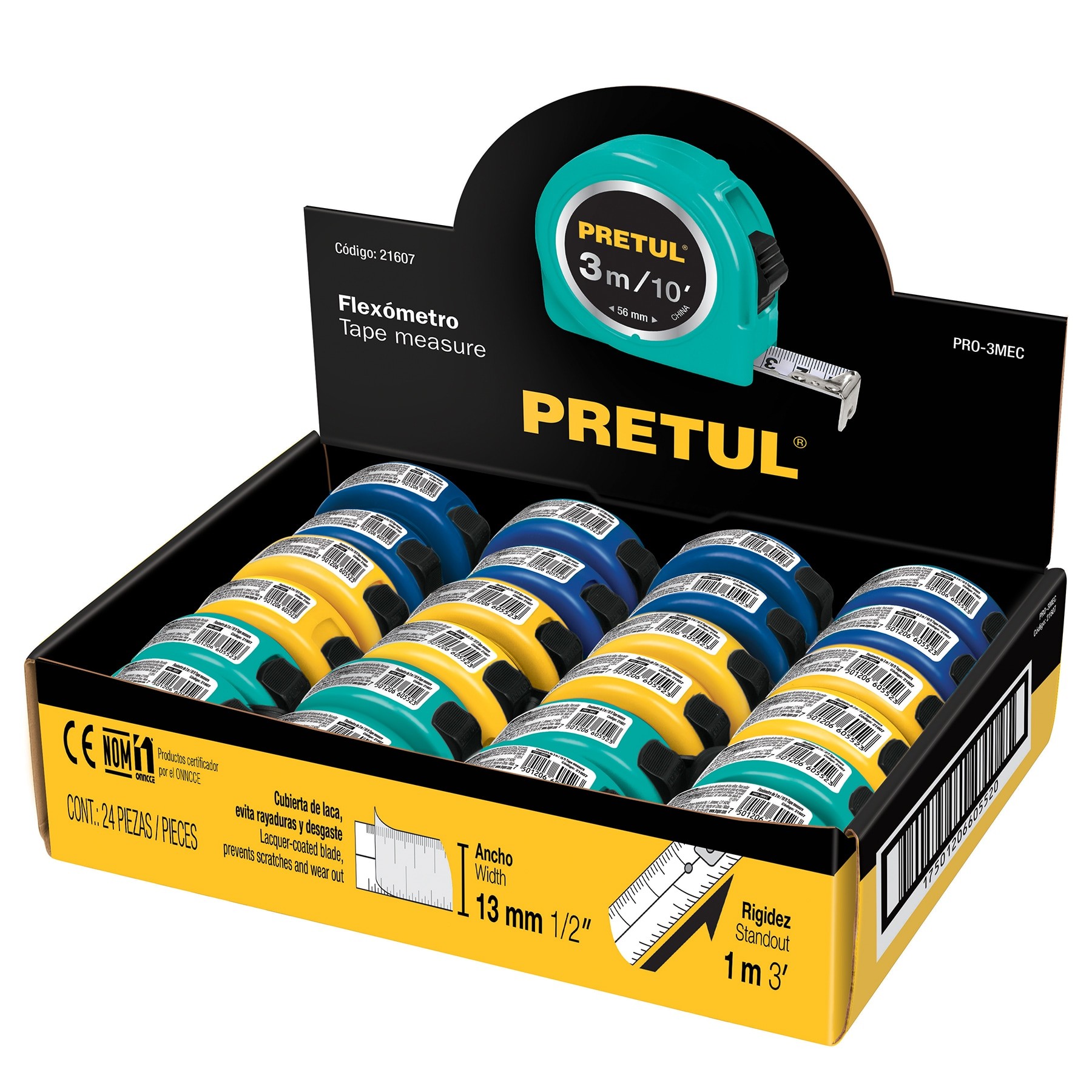 Flexímetros 3 m cinta 13 mm en display box 24 pzas Pretul
